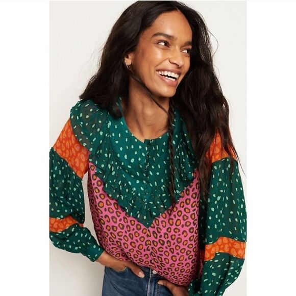 FARM RIO Anthropologie Renee Balloon Sleeve Henley Button Peasant Boho Blouse XS - Picture 4 of 15